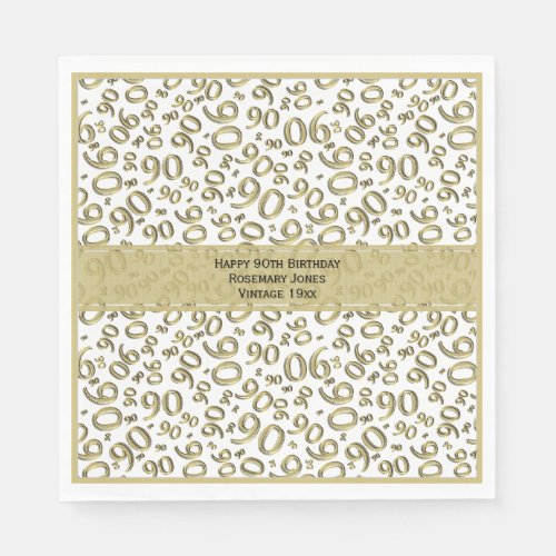 90th Birthday Party Number Pattern Gold and White Napkins