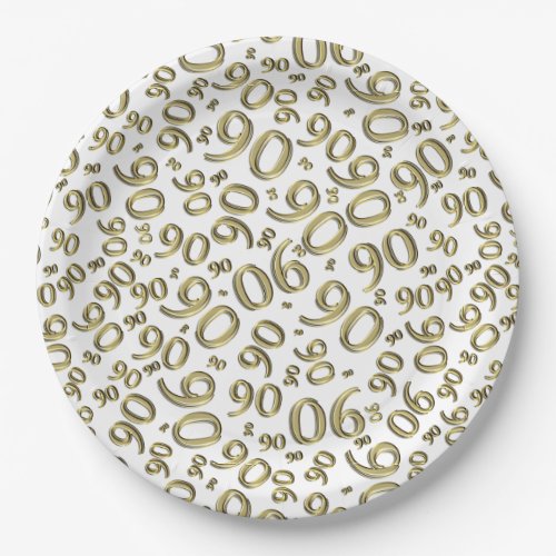 90th Birthday Party Number Pattern Gold and White Paper Plates