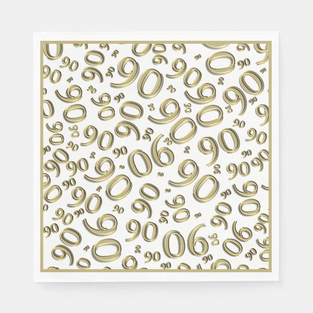 90th Birthday Party Number Pattern Gold/White Napkins (Front)
