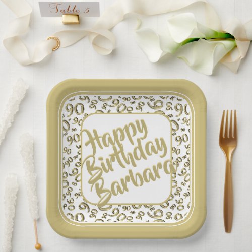 90th Birthday Party Number Pattern Gold White Paper Plates