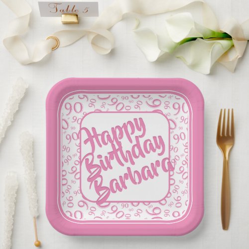 90th Birthday Party Number Pattern Pink White Paper Plates