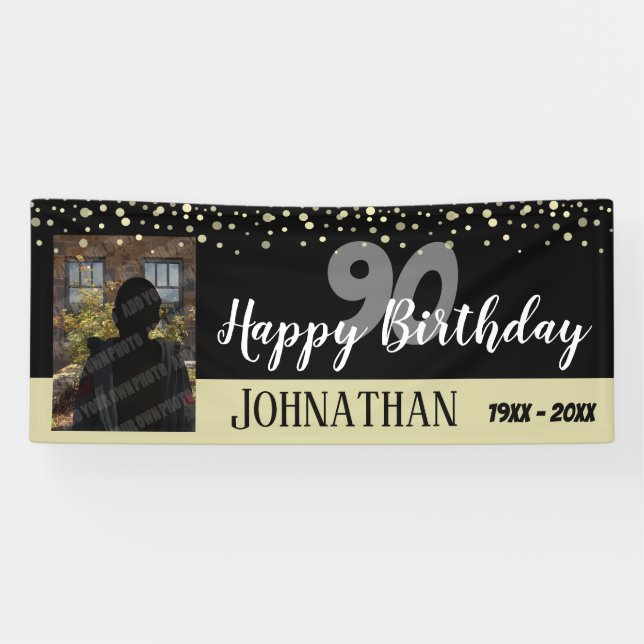 90th Birthday Party One Photo with Confetti Banner (Horizontal)