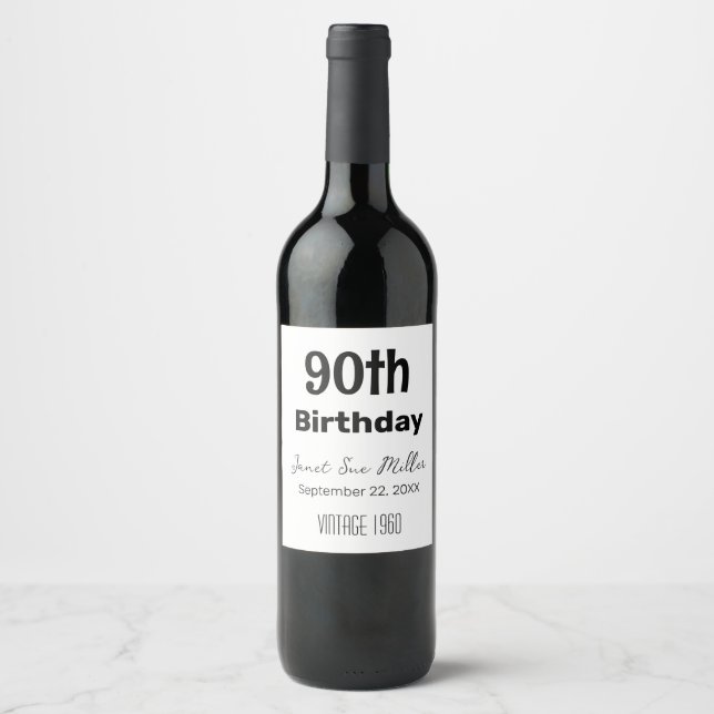 90th Birthday Party Paper Favor Wine Bottle Labels (Front)