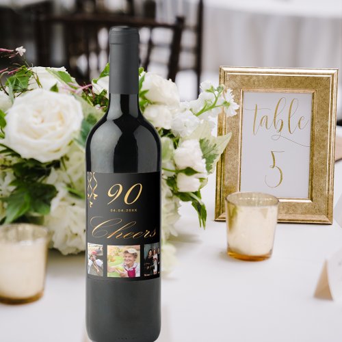 90th birthday party photo black gold cheers script wine label