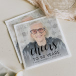 90th Birthday Party Photo Black Script Cheers Napkins<br><div class="desc">This custom 90th birthday napkin features the guest of honor's personalized photo,  name,  and birthday,  along with the word "Cheers" in elegant black calligraphy script. A white screen helps make the text pop. A great way to celebrate someone who's turning ninety!</div>