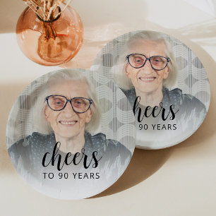 90th Birthday Party Photo Black Script Cheers Paper Plates