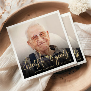 90th Birthday Party Photo Cheers Gold Script Napkins