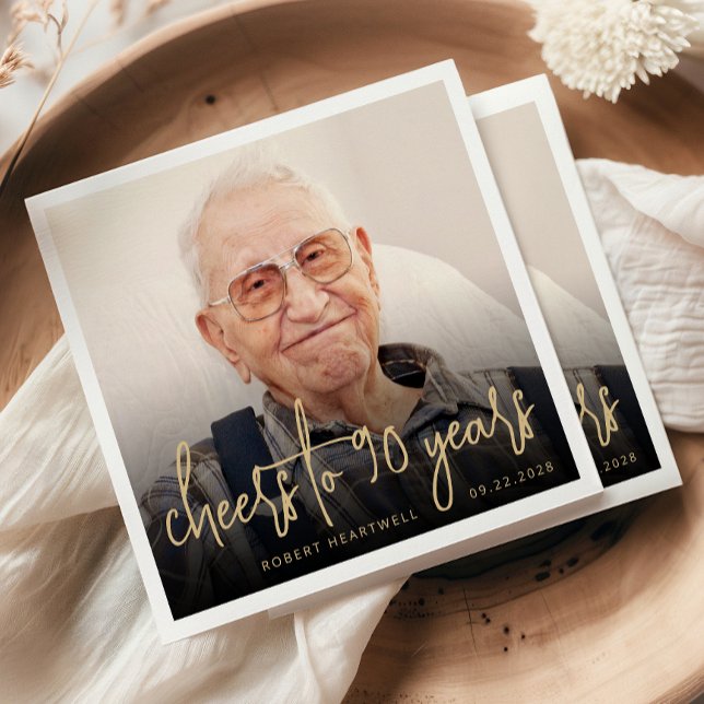 90th Birthday Party Photo Cheers Gold Script Napkins (Creator Uploaded)