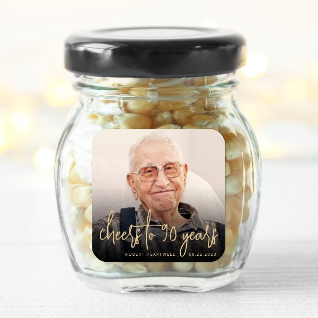 90th Birthday Party Photo Cheers Gold Script Square Sticker (Creator Uploaded)