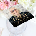 90th Birthday Party Photo Cheers Square Paper Coaster<br><div class="desc">This custom 90th birthday paper coaster features the guest of honor's personalized photo,  name,  and birthday,  along with the word "Cheers" in elegant gold-colored calligraphy script. A dark screen helps make the text pop. A great way to celebrate someone who's turning ninety!</div>