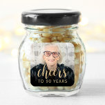 90th Birthday Party Photo Cheers Square Sticker<br><div class="desc">This custom 90th birthday sticker features the guest of honor's personalized photo and birthday,  along with the word "Cheers" in elegant gold-colored calligraphy script. A dark screen helps make the text pop. A great way to celebrate someone who's turning ninety!</div>