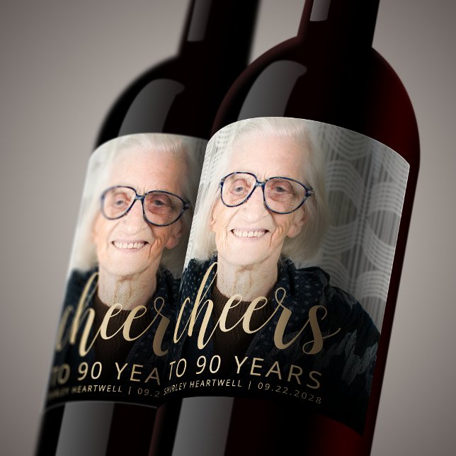 90th Birthday Party Photo Cheers Wine Label (Creator Uploaded)