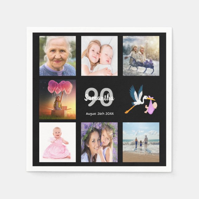 90th birthday party photo collage black napkins (Front)