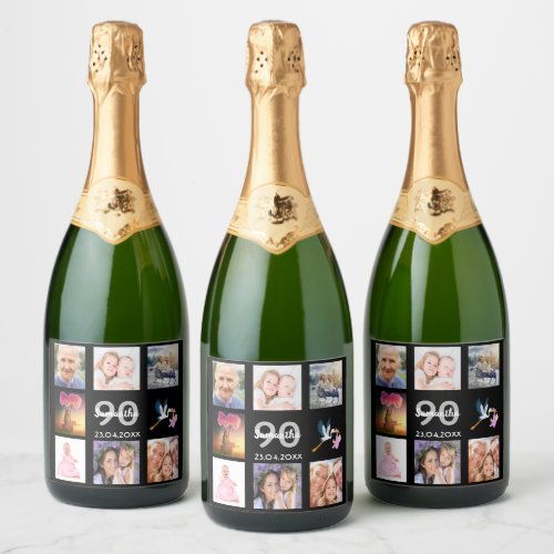 90th birthday party photo collage black sparkling wine label