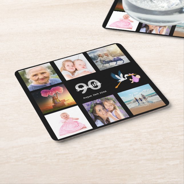 90th birthday party photo collage black square paper coaster (Angled)