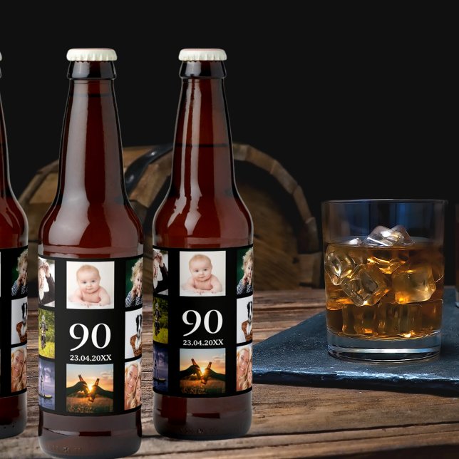 90th birthday party photo collage guy black beer bottle label (Creator Uploaded)