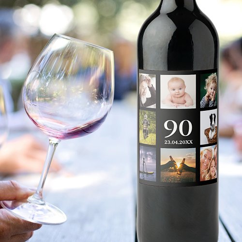 90th birthday party photo collage guy black wine label