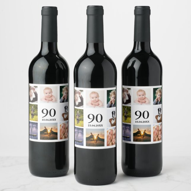 90th birthday party photo collage guy wine label (Bottles)