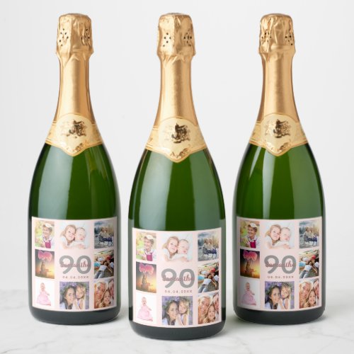 90th birthday party photo collage rose gold name sparkling wine label