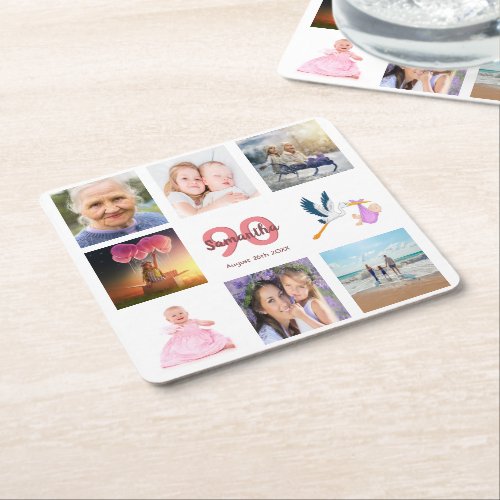 90th birthday party photo collage white name square paper coaster