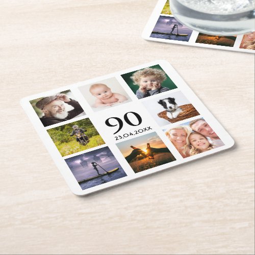 90th birthday party photo collage white square paper coaster