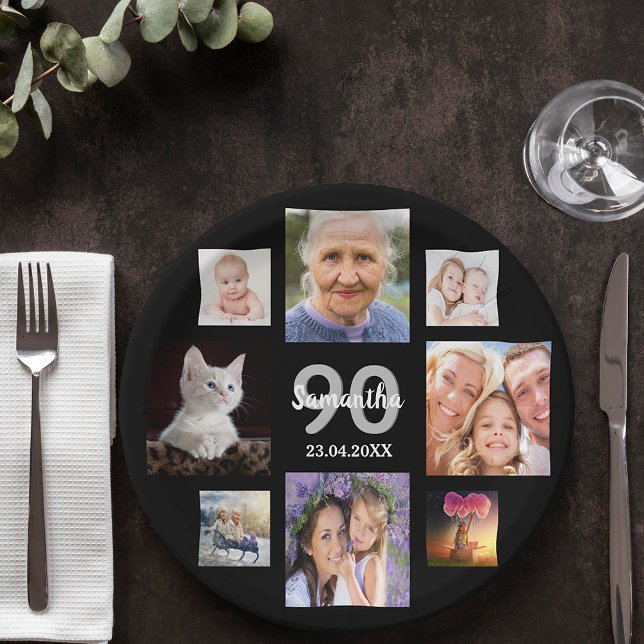 90th birthday party photo collage woman black paper plates (Creator Uploaded)