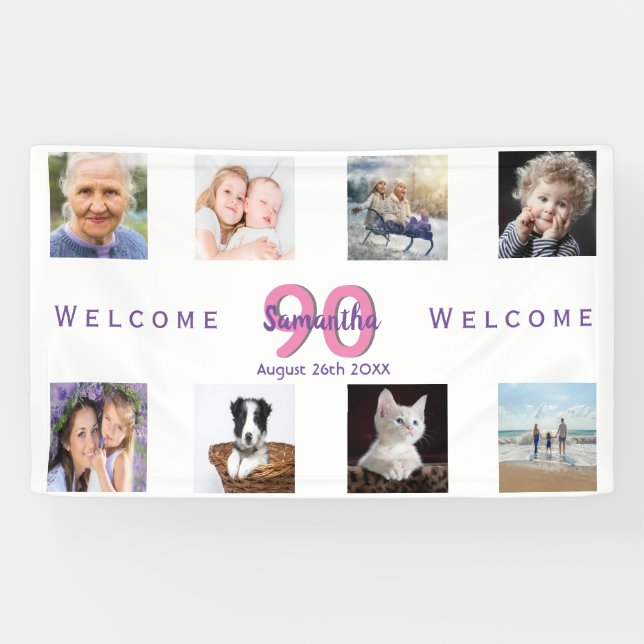 90th birthday party photo collage woman white banner (Horizontal)