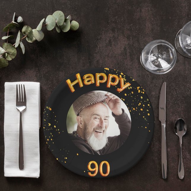90th birthday party photo gold balloons black paper plates (Creator Uploaded)