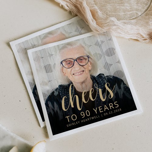 90th Birthday Party Photo Gold Script Cheers Napkins