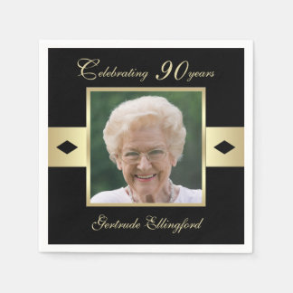 90th Birthday Party Photo on Black Paper Napkin