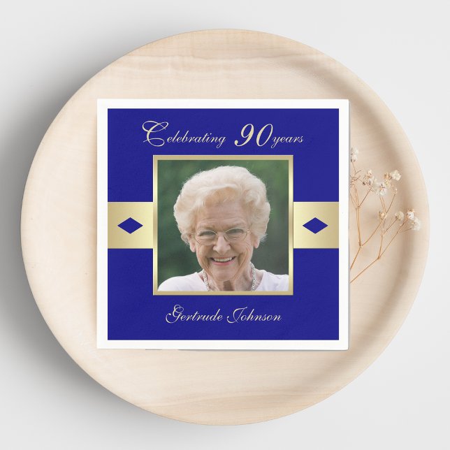 90th Birthday Party Photo on Navy Blue Napkins (Creator Uploaded)