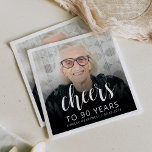 90th Birthday Party Photo White Script Cheers Napkins<br><div class="desc">This custom 90th birthday napkin features the guest of honor's personalized photo,  name,  and birthday,  along with the word "Cheers" in elegant white calligraphy script. A dark screen helps make the text pop. A great way to celebrate someone who's turning ninety!</div>