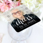 90th Birthday Party Photo White Script Cheers Square Paper Coaster<br><div class="desc">This custom 90th birthday paper coaster features the guest of honor's personalized photo,  name,  and birthday,  along with the word "Cheers" in elegant white calligraphy script. A dark screen helps make the text pop. A great way to celebrate someone who's turning ninety!</div>