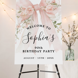 90th Birthday Party Pink Bow with Roses Welcome Foam Board