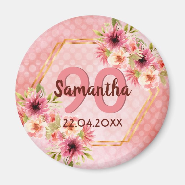 90th birthday party pink floral save the date magnet (Front)