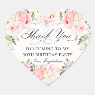 90th Birthday Party Pink Floral Thank You Favor Heart Sticker