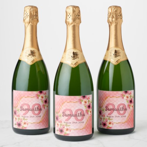 90th birthday party pink florals name geometric sparkling wine label