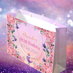90th birthday party pink purple florals name large gift bag