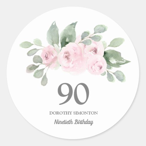 90th Birthday Party Pink Rose Eucalyptus Classic Round Sticker