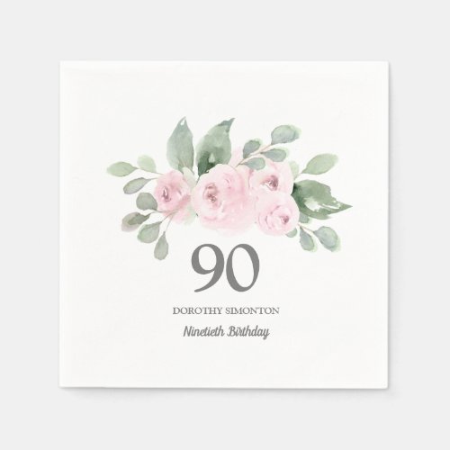 90th Birthday Party Pink Rose Floral Napkins