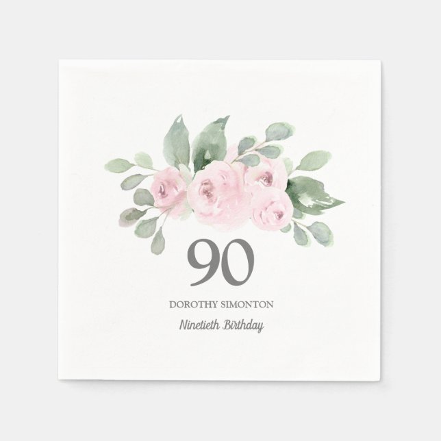 90th Birthday Party Pink Rose Floral Napkins (Front)