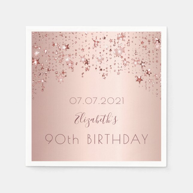 90th birthday party pink rose gold stars napkins (Front)
