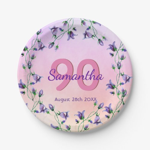 90th birthday party pink violet bluebells flowers paper plates