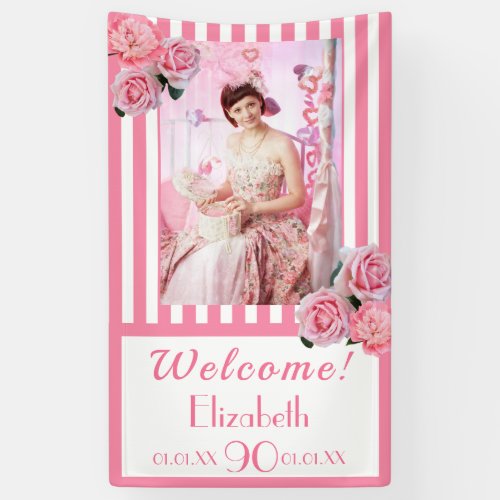 90th birthday party pink white stripes photo banner