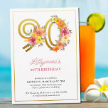 90th Birthday Party Pretty Floral Gold Number 90 Invitation<br><div class="desc">90th birthday party invitation with gold number 90 decorated with pretty flowers. Feminine and elegant design with watercolor floral arrangements in shades of pink yellow orange and purple. Perfect for 90th birthday celebration,  spring or summer birthday lunch,  garden tea party etc.</div>
