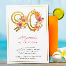 90th Birthday Party Pretty Floral Gold Number 90