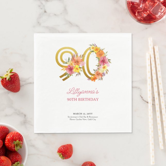 90th Birthday Party Pretty Floral Gold Number 90 Napkins (Insitu)