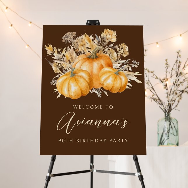 90th Birthday Party Pumpkin Fall Flower Welcome Foam Board (In Situ (Stand))