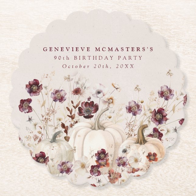 90th Birthday Party Pumpkin Wildflower Custom Paper Coaster (Front)