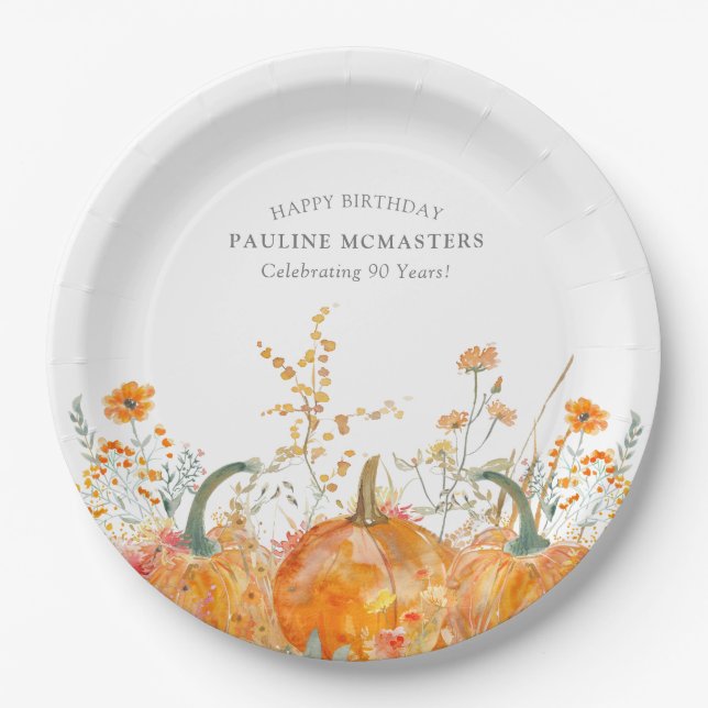 90th Birthday Party Pumpkin Wildflower Custom Paper Plates (Front)
